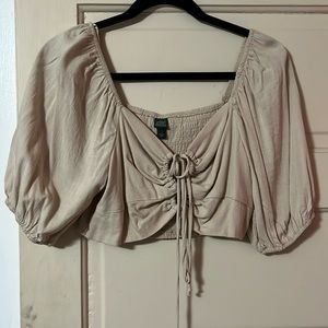 tan, blouse, crop top, cinched 1/2 sleeves, front tie